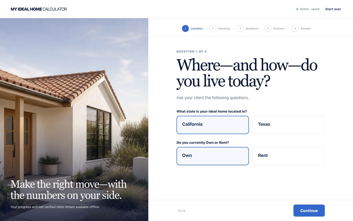 Live My Ideal Home Calculator opening screen