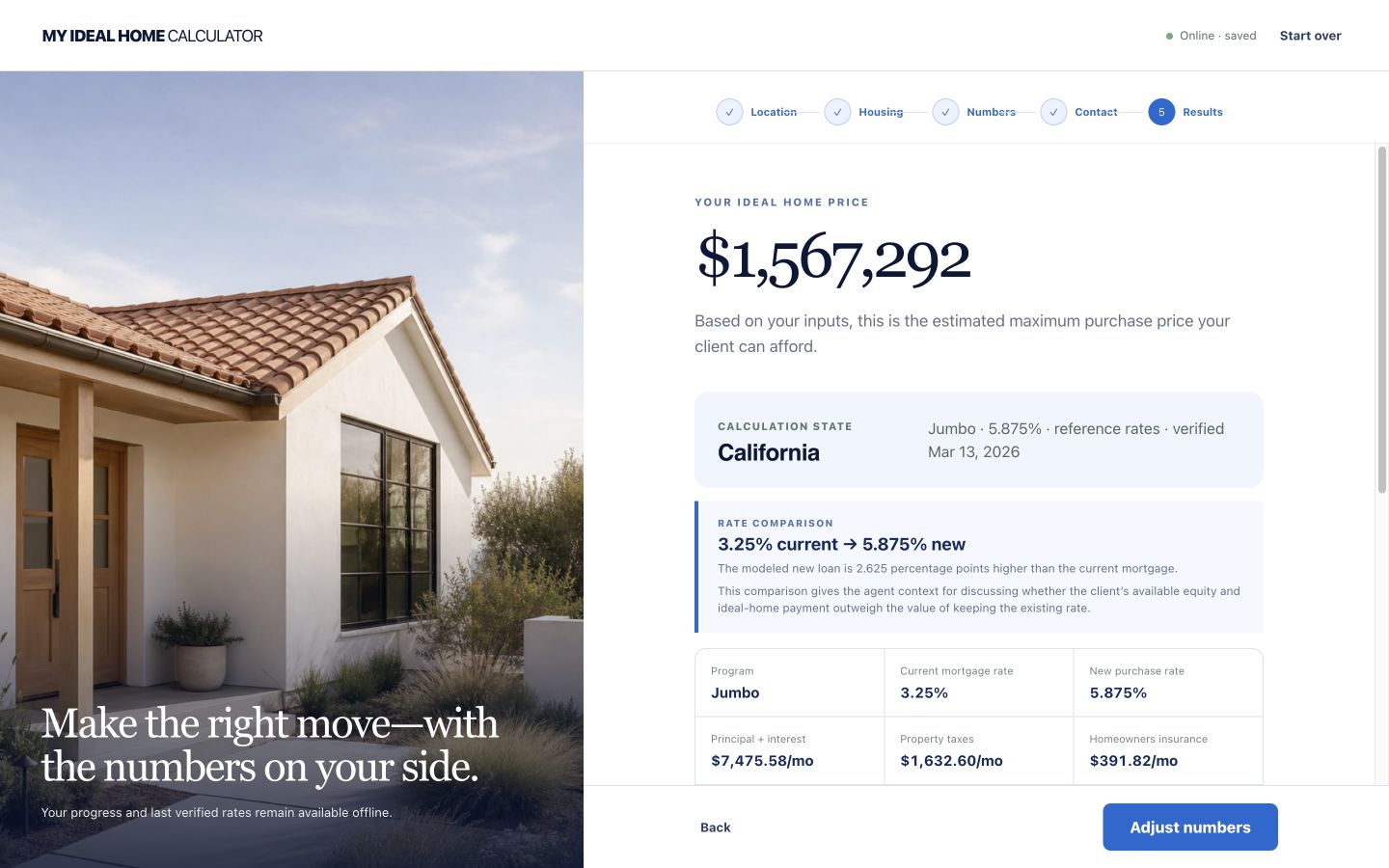 Live desktop calculator result comparing current and new interest rates