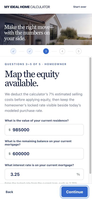 Live mobile homeowner screen with home value, mortgage balance, and current rate input